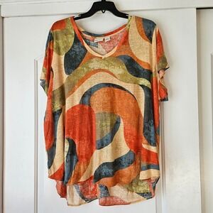 Rachel Zoe 100% Linen T-shirt Flowy‎ Geometric Marbled Artsy Coastal Hippie